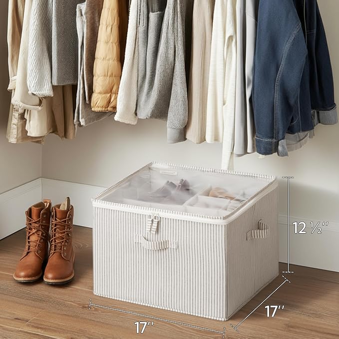 StorageWorks Shoe Organizer for Closet, Fits up to 16 Pairs, Shoe Cubby Storage Containers with Adjustable Dividers and Clear Cover, Khaki and Beige Stripes - Image 6