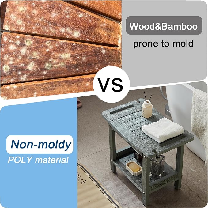 HDPS Shower Bench for Inside Shower, Gray Waterproof Shower Stool for Shaving Legs, Poly Lumber Shower Chair Seat with Handles & Shower Head Holder, Bathroom Shower Foot Rest Stool with Storage Shelf - Image 3