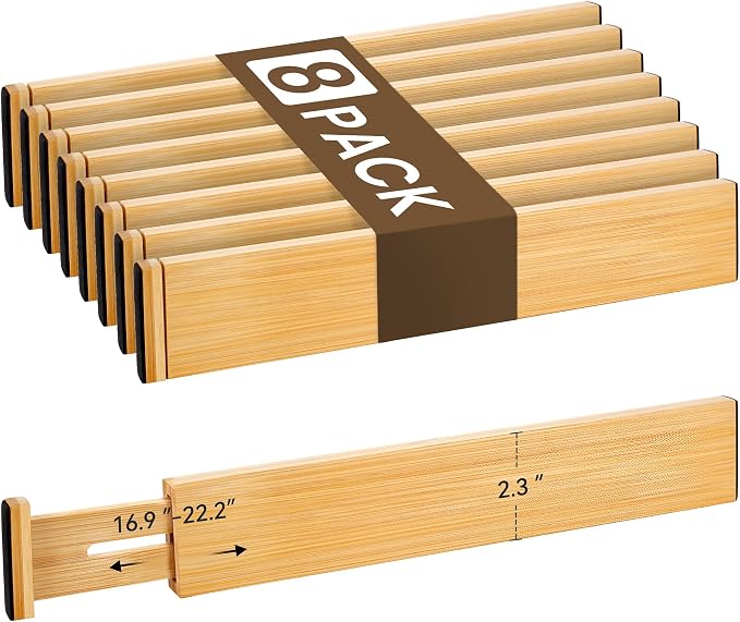 Bamboo Drawer Divider Set of 8, Adjustable Spring-Loaded Drawer Organizer (16.9"-22.2"), 2.3" Height, Suitable for Kitchen, Desk, Bathroom, Clothing, and Miscellaneous Drawer Organization, Natural by NCUE