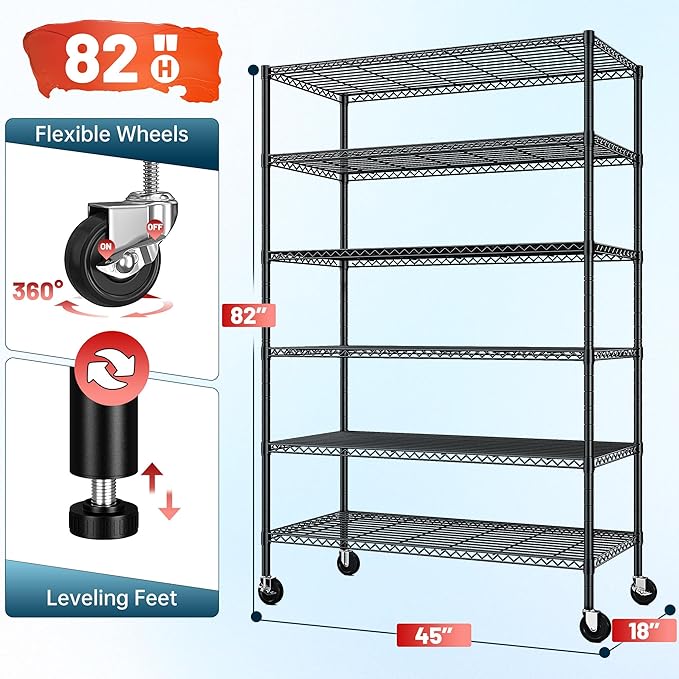 Romorgniz 82" H X45 W X18 D Storage Shelves with Wheels, 6 Tier Wire Shelving Adjustable Metal Shelving Pantry Shelves Capacity 1200LBS for Garage Shelving, Pantry, Kitchen, Closet, Black,2P - Image 3
