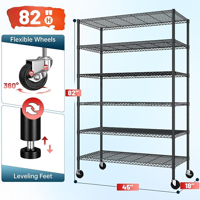 Romorgniz 82"H X45"W X18"D Storage Shelves with Wheels, 6 Tier Wire Shelving Adjustable Metal Shelving Pantry Shelves Capacity 1200LBS for Garage Shelving, Pantry, Kitchen, Closet, Commercial, Black - Image 3
