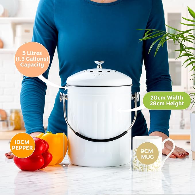 RED FACTOR Premium Compost Bin for Kitchen Countertop - Stainless Steel Food Waste Bucket with Innovative Dual Filter Technology - Includes Spare Filters (White, 1.3 Gallon) - Image 5