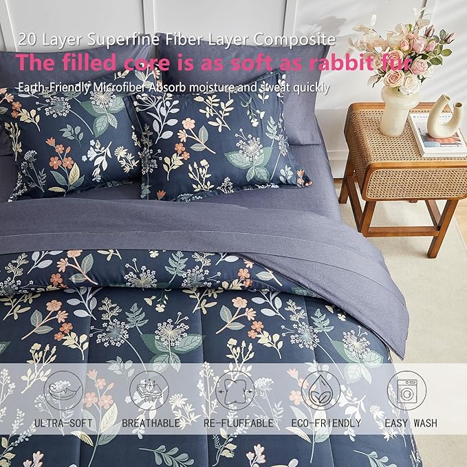AIKASY 7-Piece Queen Size Bed in a Bag Comforter Set - Blue Fog Floral Ensemble with Reversible Botanical Flowers Comforter, Sheets, Pillowcases & Shams