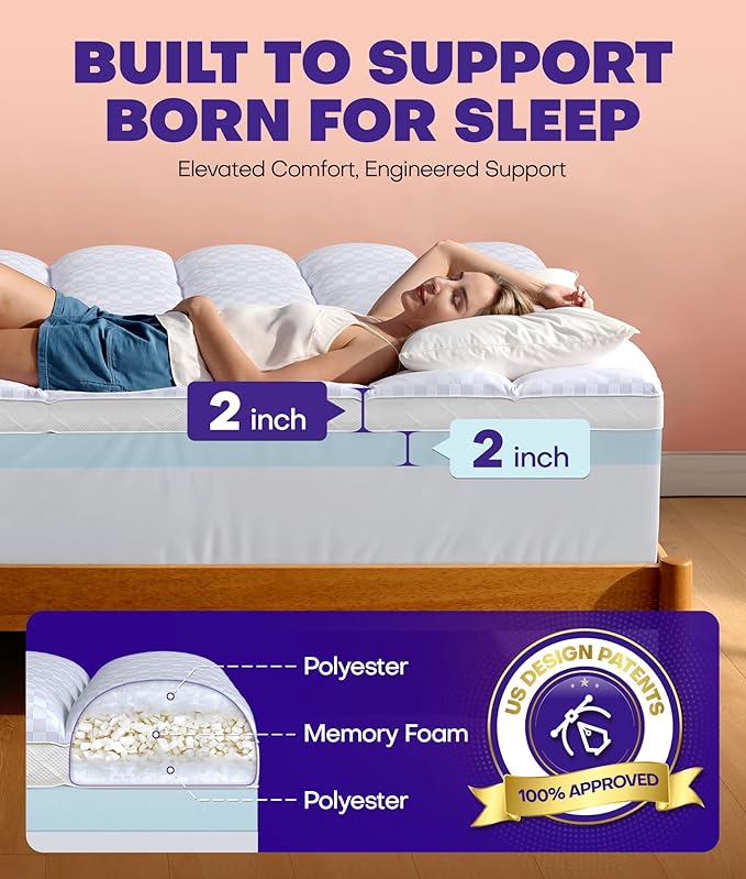 Dual Layer 4 Inch Memory Foam Mattress Topper for Pressure Relief with 4X Support, 2" Fluffy Pillow Top Queen Mattress Topper 50% Viscose Made from Bamboo Plus 2" Cooling Gel Memory Foam Mattress Pad