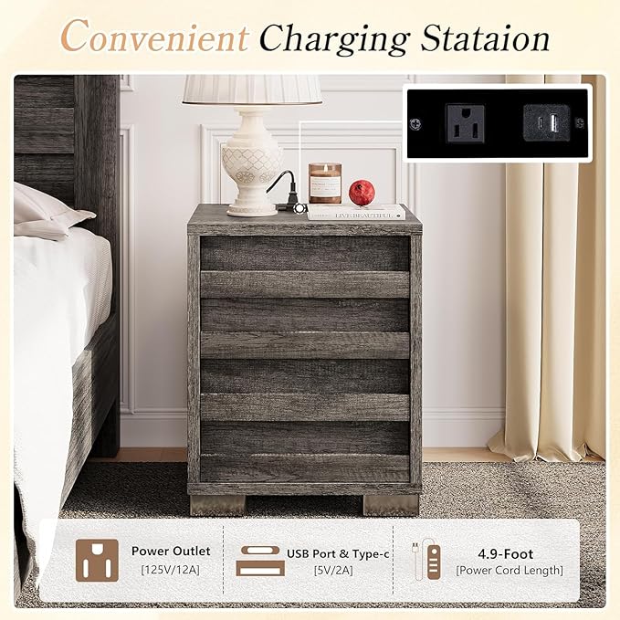 LUXOAK 3 Pcs Bedroom Furniture Sets,Includes Farmhouse Full Size Bed Frame with 49" Tall Headboard and Nightstand Sets of 2 with Charging Station, Slated Handles & Stainless Steel Feet, Rustic Grey