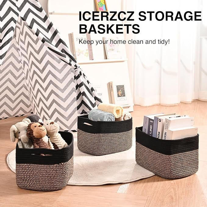 ICERZCZ Storage Baskets for Shelves Organizing, Woven Cotton Rope Baskets for Storage, Book Basket, Decorative Shelf Basket, 12.5"Lx9.1''Wx7.9''H (4 Packs) Black & Jute - Image 6