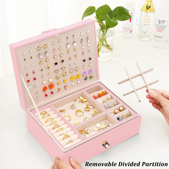 Earrings Jewelry Box for Girls, Large Capacity Jewelry Organizer with 40-Pair Earring Board, 2-Layer Leather Jewelry Storage Box for Necklaces Rings Bracelets with Removable Tray(Gift Idea),Pink - Image 4