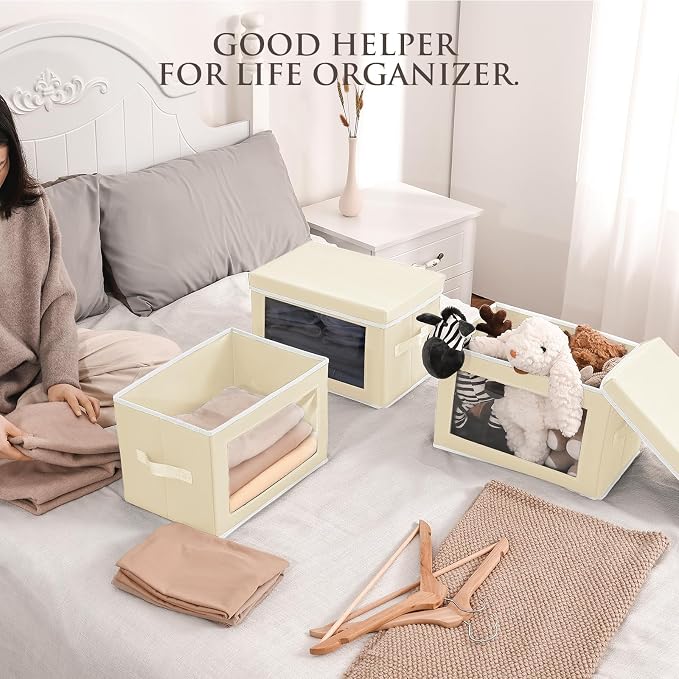 Homsorout Fabric Storage Bins with Lids, Storage Cubes with Window, Decorative Storage Boxes Baskets for Organizing, Closet Organizer Storage Bins for Home, Office, 3 Packs, Beige - Image 3