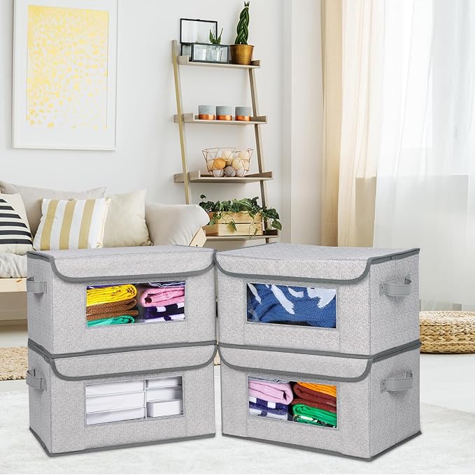 Univivi [4-Pack Fabric Storage Boxes Collapsible Storage Bins with Lids and Handles Cube Organizer Basket for Home, Closet, Bedroom (Gray, 14.4''x10''x8.3'') - Image 2