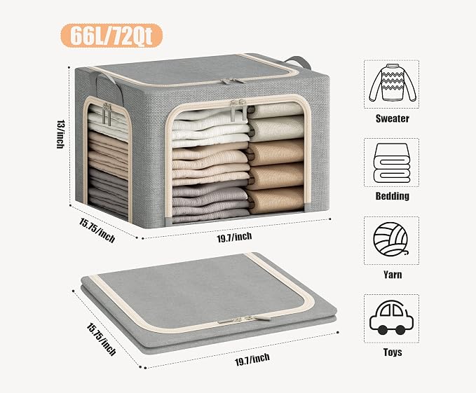 3 Opeings Large Clothes Storage Bins with Metal Frame, Foldable Storage Bin for Clothes, Clothing Storage Bins with Lid, Linen Storage Box With Clear Window＆ Zippers＆ Handles.(3 Pcs,Light Grey,66L) - Image 6