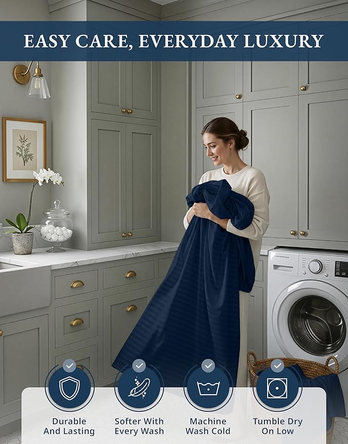 LANE LINEN 100% Egyptian Cotton Sheets King Size, Fully Elasticized Reinforced Seams Extra Deep Pocket King Sheet, No Pill Fade Resistant Cooling Sheets King Size Damask Stripe - Navy