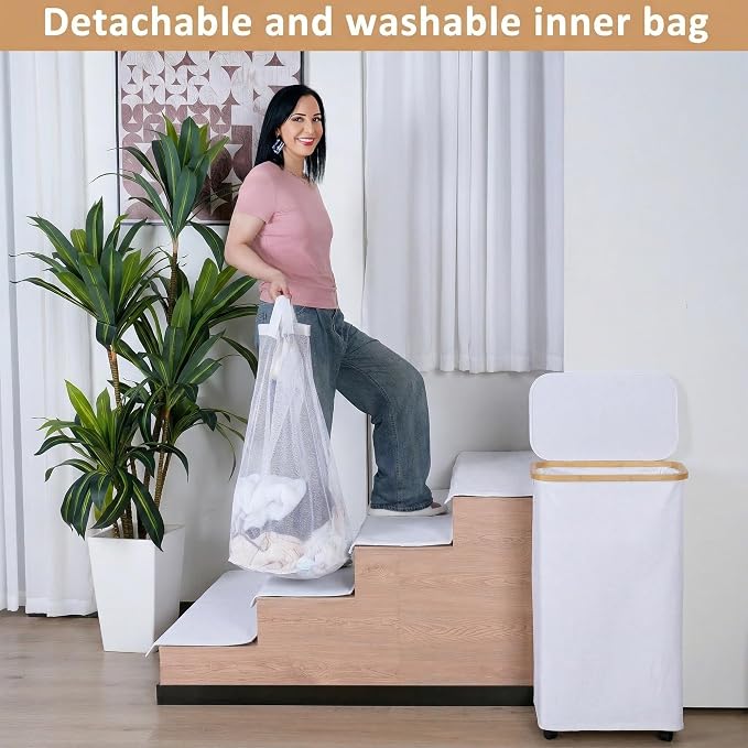 Laundry Basket with Wheels, 75L Clothes Hamper for Laundry, Laundry Hamper with Lid and Inner Bag, for Laundry Room, Bedroom, Dormitory Storage,White - Image 4