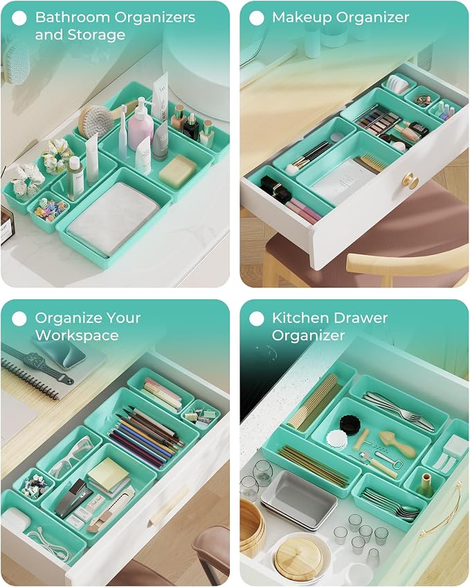 BiuLeon 25 PCS Plastic Drawer Organizers Set, 4-Sizes Vanity and Makeup Organizer, Desk and bathroom Drawer Organizer Trays, Organizers and Storage for Makeup, Jewelry, Gadgets, Utensils (Blue) - Image 7