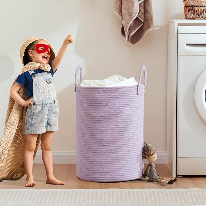 60L Large Purple Laundry Hamper Basket for Nursery Kids Tall Lavender Blanket Basket for Girls Cotton Rope Lilac Clothes Hamper in Bedroom 15Dx20H inches - Image 6