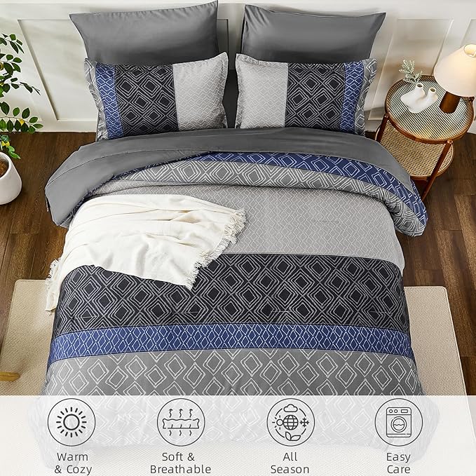 Dinjoy Blue Gray King Size Comforter Set,Striped Boho Bed in a Bag King 7 Pieces Soft Fall Bedding Comforters Microfiber Complete Sets for All Season