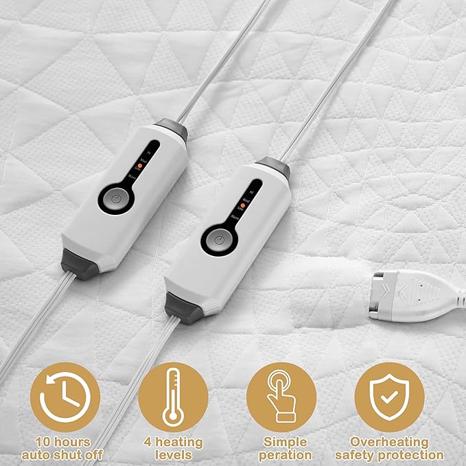 Electric Mattress Pad Queen 60"x80", 4 Heating Levels & 10H Auto Shut Off, Breathable, Diamond Pattern, Fitted Design, Machine Washable, White Diamond Printed Pattern