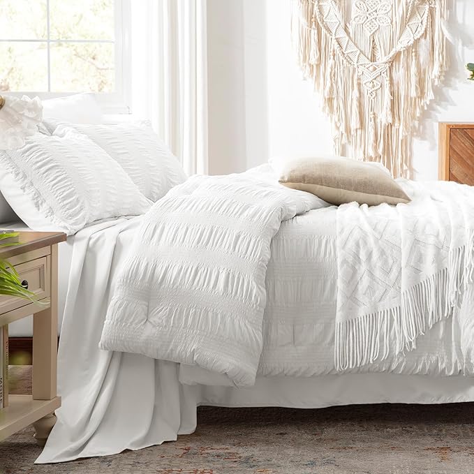 Zzlpp Full Comforter Set 7 Pieces, White Seersucker Bed in a Bag with Comforter and 2 Sheets, All Season Bedding Sets with 1 Comforter, 2 Pillow Shams, 2 Pillowcases