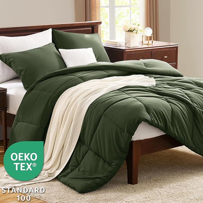 CozyLux King Comforter Set - Olive Green Comforter King Size, 3 Pieces Box Stitched Bed Set for All Seasons, Soft Lightweight Bedding Sets with 1 Down Alternative Comforter and 2 Pillow Shams