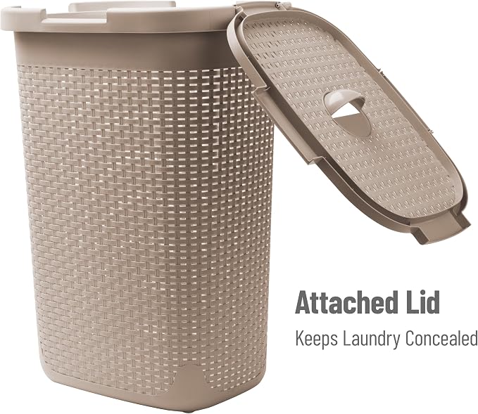Mind Reader Slim Laundry Hamper with Lid, 60L Tall Clothes Basket, Narrow Tapered Design for Bathrooms, Closets and Laundry Rooms, Plastic, Tan - Image 5
