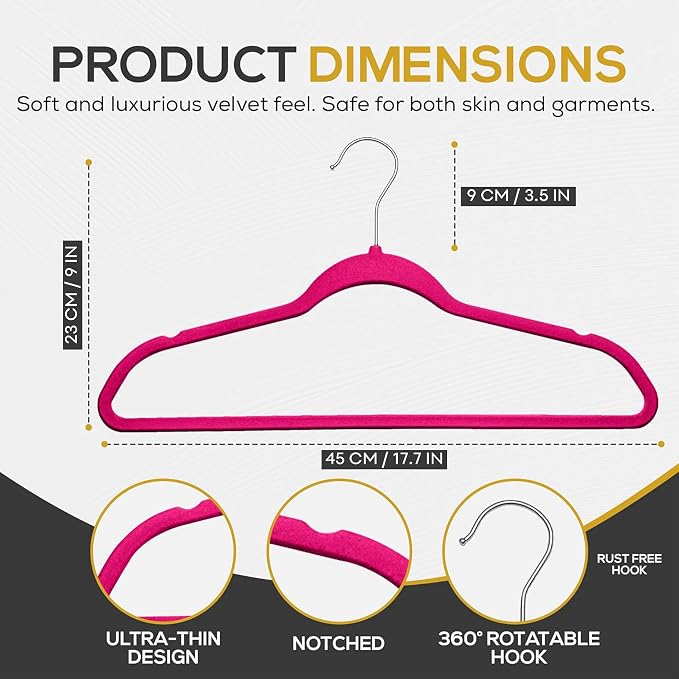 Techzoo Premium Velvet Hangers 50 Pack Ultra Thin Non Slip Adult Felt Space Saving Suit Hanger for Closet Heavy Duty Coat Pants Jackets Dress Hangers 360° Swivel Hook Hold Upto 10 lbs Dark Pink - Image 2