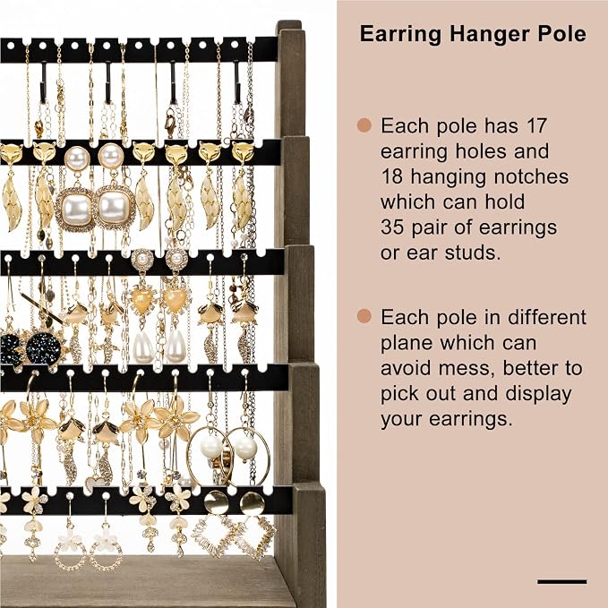 Pinzoveco Earring Organizer, 5 Layer Earring Holder Organizer with Necklace Holder Pole, Rustic Wood Jewelry Organizer Stand Display for Stud Earring Bracelet Necklace Ring, 175 Earring Holes - Image 3