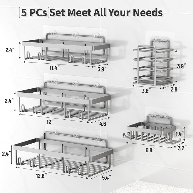 Liuoud 5 Pack Shower Caddy Organizer Rack Shelf for Inside Shower, Self Adhesive Bathroom Wall Storage Basket Rustproof Stainless Steel Large Capacity Shampoo Holder, Grey - Image 2
