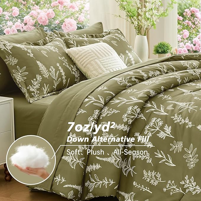 MUXHOMO Olive Green Bed in a Bag Queen 7 Pieces, Queen Comforter Set Reversible Botanical Flowers Design, Ultra Soft & Breathable Bedding Sets with Comforter, Sheets, Pillowcases & Shams