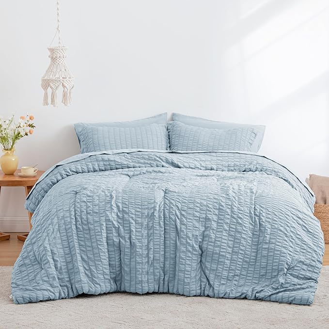 Love's cabin Seersucker Light Blue Twin Comforter Set, 5-Piece All Season Lightweight Bed in a Bag Bedding Set with Comforter, Flat Sheet, Fitted Sheet, Pillowcase and Sham | Soft, Breathable, Lightweight