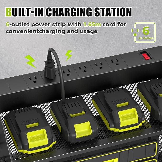 SUNALLY Power Tool Organizer Wall Mount with Charging Station,3 Layer Heavy Duty Metal Tool Storage Rack with 4 Drill Holders, Power Tool Shelf for Garage, Warehouse, Workshop, Gifts for Men, Husband - Image 2