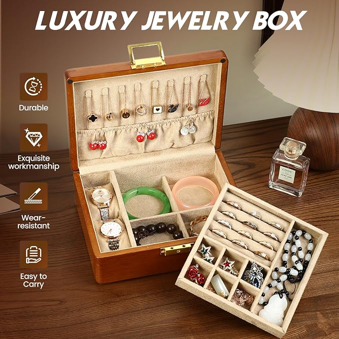 Solid Walnut Wood Jewelry Organizer Box with Lock, 2-Layer Vintage Jewelry Box for Men Women, Velvet-Lined Storage for Earrings Rings Necklaces Bracelets Watches Perfect Father Day Gift Khaki - Image 4