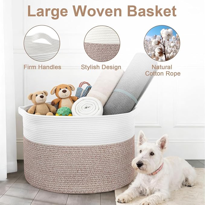 90L Extra Large Blanket Basket for Living Room - Cotton Rope Laundry Hamper Woven Baskets XXL Storage Bin with Handles for Dirty Clothes, Kids, Pets, Toys, Bedroom, 23'' x 23'' x 13'', White & Brown - Image 5