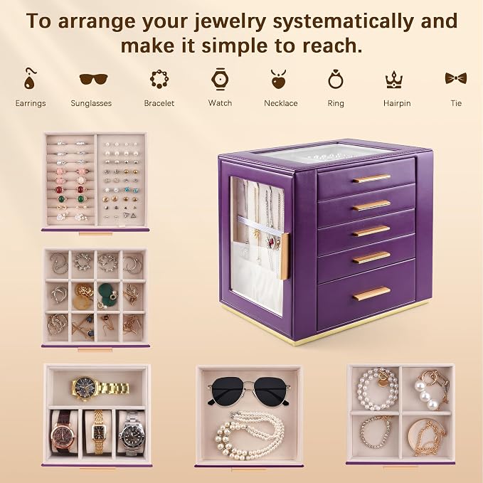 Homeanda Jewelry Box for Women with Glass Lid, 5 Drawers Jewelry Organizer and Storage for Necklaces, Rings, Earrings, Bracelets, Gift for Girls and Teens,PU Leather (Purple) - Image 4