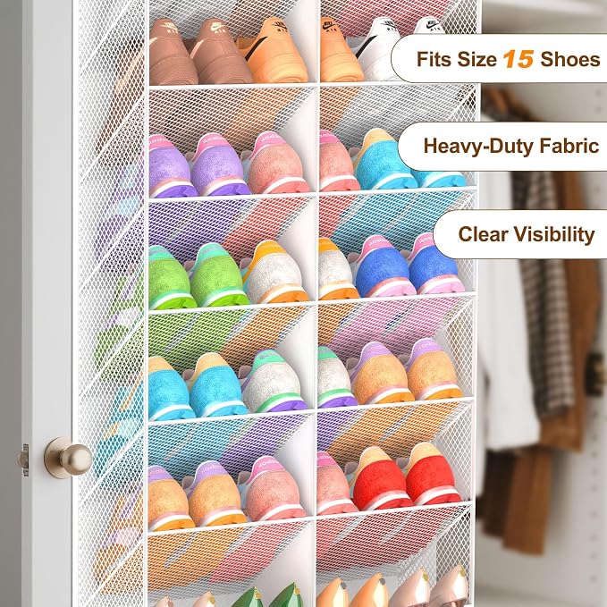 UVIAHOMI 20-30 Pairs Over the Door Shoe Organizer, Breathable Pocket Hanging Shoe Storage for Closet, 10-Tier Door Shoes Rack, Handing Shoes Holder Fit All the Family's Sneakers, Boots, Heels, White - Image 5