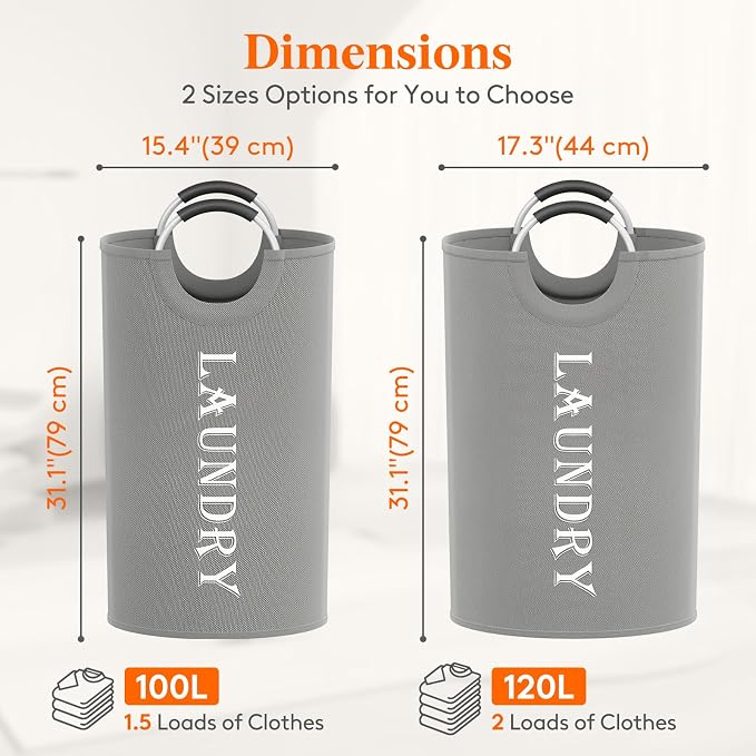 Lifewit 100L 2-Pack Large Laundry Basket, Collapsible Laundry Hamper with Aluminum Handles, Waterproof Freestanding Dirty Clothes Hampers for Laundry Room Bedroom Dorm Bathroom, Silver Grey - Image 2