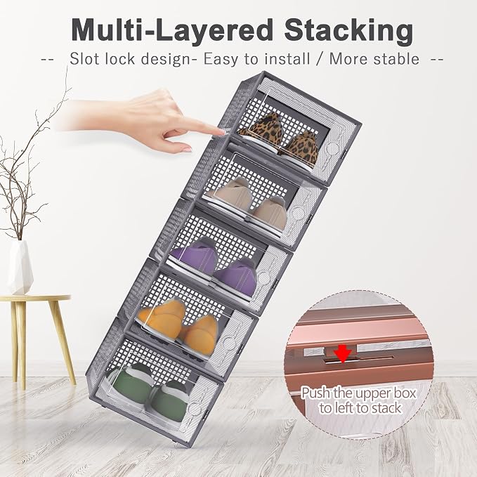 Kuject Large Shoe Organizers Storage Boxes for Closet, 12 Pack Clear Plastic Stackable Storage Bins with Lids, Under Bed Shoe Containers for Entryway, Drop Front, Fit up to Women's Size 10,Dark Gray - Image 2