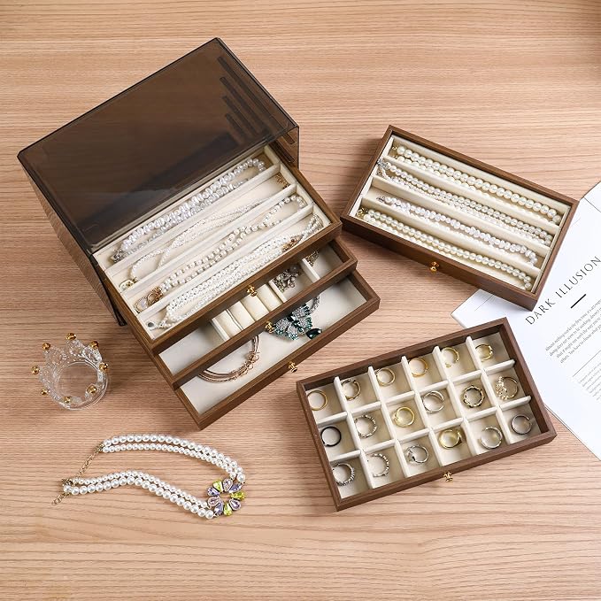 CLUQMEIK 5 Layer Large Wooden Jewelry Box with Acrylic Lid and Wooden Drawers, Stackable Jewelry Organizers and Storage Box for Women and Girls to Storing Rings Earrings Necklaces Bracelets - Image 2