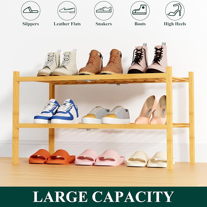 Smiry Shoe Rack, 2 Tier Thick Bamboo Shoe Organizer, Stackable Free Standing Wooden Shoe Storage Shelf for Closet, Entryway, Front Door Entrance, Natural - Image 6