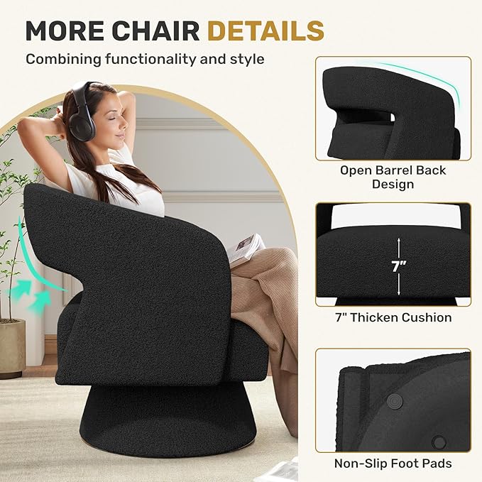 Nebuaegis Swivel Accent Chair, Modern Comfy Teddy Barrel Chairs, Oversized Upholstered Round Arm Chair for Living Room, Bedroom, Reading Room, Black, 1 PCS