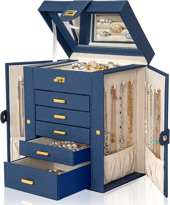 AKOZLIN Jewelry Box Organizer Functional Leather Jewelry Storage Case for Women Girls Ring Necklace Earring Bracelet Holder Organizer with Mirror Blue - Image 8