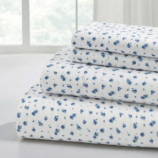 Modern Threads 4-Piece Ultra Soft Microfiber Bed Sheets Set, Wrinkle Free Sheets with Deep Pockets Fitted Sheet, Flat Sheet & Pillowcases, Lightweight Breathable Bedding, Blue Roses, Queen
