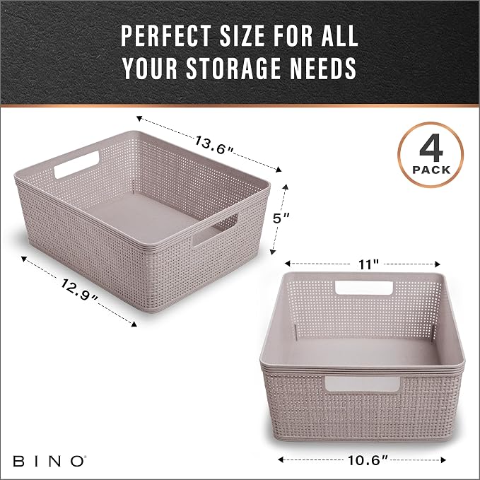 BINO | Woven Plastic Basket | Small (Natural Grey), 4-Pack | THE JUTE COLLECTION | Home Organization, Space - Saving Storage, Stylish Design | Jute Basket | Plastic Storage Basket - Image 3