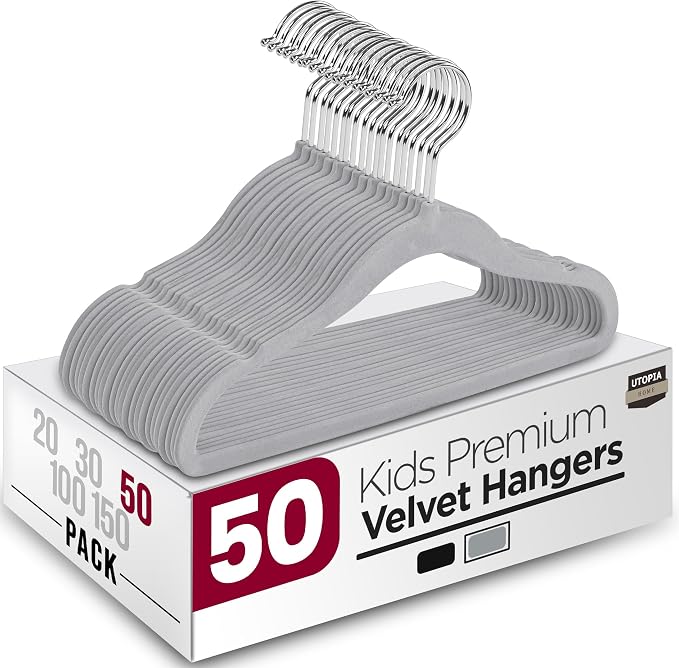 Utopia Home Kids Velvet Hangers 50 Pack – 11 Inch Non-Slip Baby Hangers for Baby and Toddlers, Durable Ultra-Slim Space-Saving Closet Organizers (Grey) by UTOPIAHOME