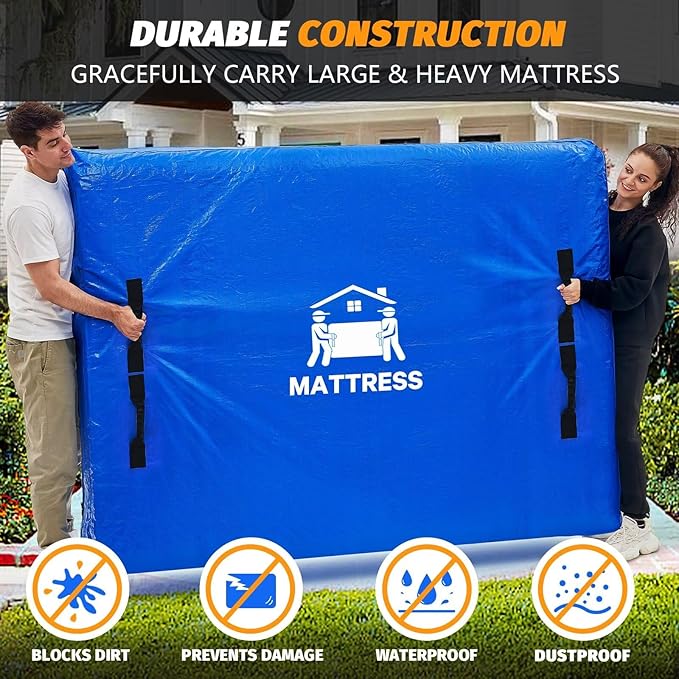 Mattress Bags for Moving, BETU Mattress Protector Waterproof Mattress Cover Queen Size Storage Bags with 8 Heavy-Duty Handles and Zipper for Bed Extra Thick Large Reusable(2 Pack, 82"x62"x15" Blue)
