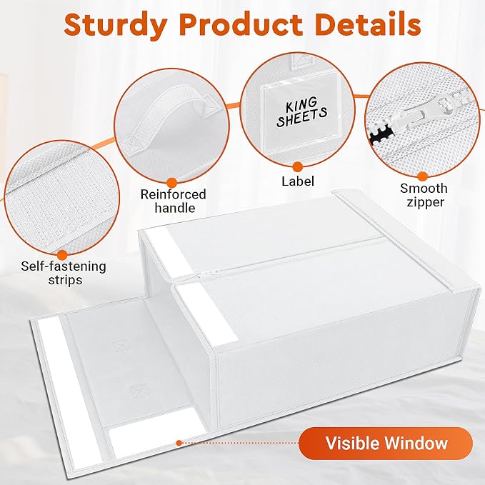 StorageTastic 8 Pack Bed Sheet Closet Organizers and Storage,Sturdy Foldable Storage Containers with Window and Label,Storage and Organization for Bedding Sheets,Duvet Covers,Blankets (White) - Image 5