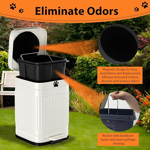 Dog Poop Trash Can Outside, 5L/1.3Gal Metal Dog Waste Trash Can with Lid, Foot Pedal, Pet Waste Container with 40 Bags, Poop Bucket with Lid Soft Close for Pet, White - Image 3