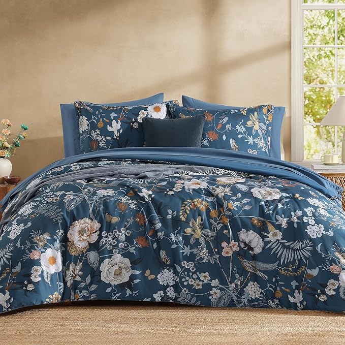 CASAAGUSTO Queen Comforter Set - 7 Pieces Blue Floral Bedding Sets, Queen Bed in a Bag with Botanical Butterfly Comforter, Sheets, Pillowcases & Shams for All Seasons