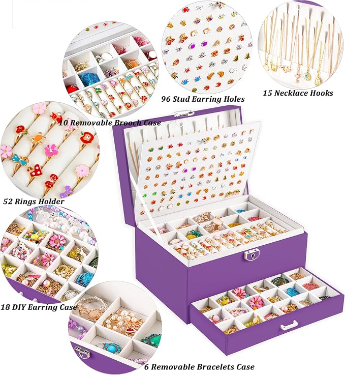 QBestry Earrings Jewelry Box for Girls, 5 Layers Jewelry Organizer with Earring Holder Organizer for Girls Earring Organizer Jewelry Boxes for Women Earrings and Necklaces Jewelry Box Organizer Purple - Image 2