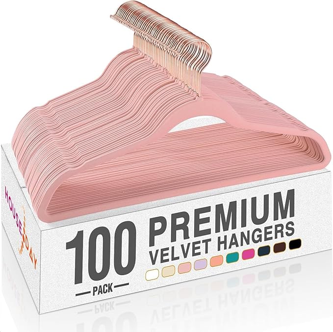 HOUSE DAY Pink Velvet Hangers 100 Pack, Premium Non-Slip Felt Clothes Hangers, Sturdy Heavy Duty Coat, Durable Hanger for Suits, Space Saving with No Hanger Mark, 360° Swivel Rotating Rose Gold Hook by HOUSEDAY