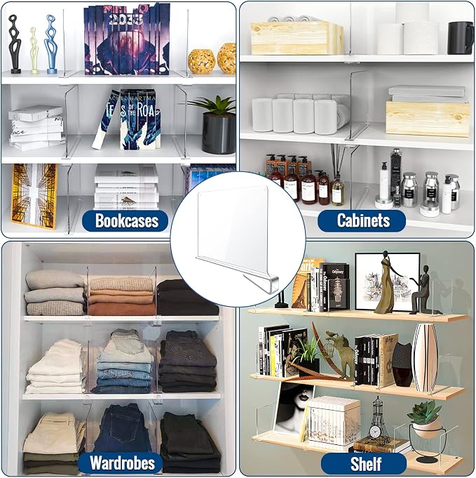 BAUMFEUER 4 Pack Clear Acrylic Shelf Dividers for Closet Shelf Organizer of Bedroom Kitchen Office Bathroom Organizer for Clothes Books Hats and Handbags - Image 6