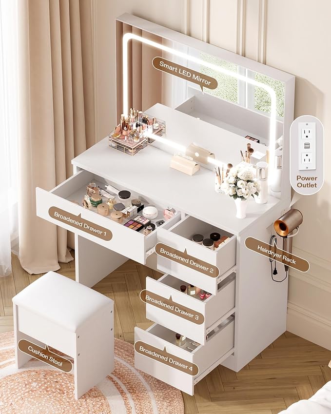 LIVELYGLOW Makeup Vanity Desk with Charging Station & LED Mirror – 35.4" Vanity Set with 4 Drawers, 3 Lighting Modes – Modern Bedroom Furniture (15.7" D x 35.4" W x 53.9" H), White